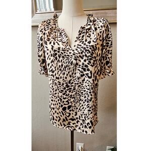 HAVER London Leopard Print Ruffle‎ Satin Pullover Blouse Women Size SP Tan Black